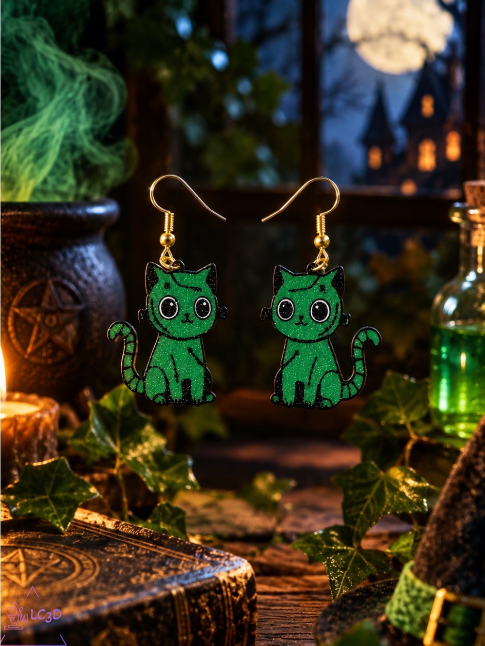Cute Frankenstein Cat Dangle Earrings - Sparkle Cat Jewelry
